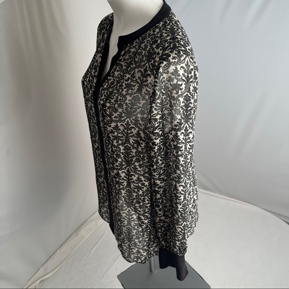 Tory Burch black solid trim printed silk semi-sheer split neck tunic 12 - Picture 4 of 13